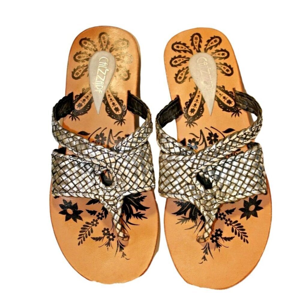 Womens US 9.5 Leather Sandals Slip On Shoes Thong Boho Silver Metallic Weave